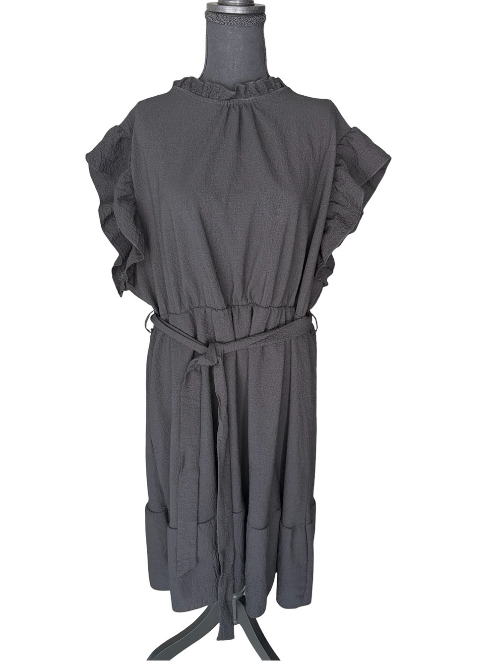 Women’s Black Ruffle Sleeve Belted Midi Dress